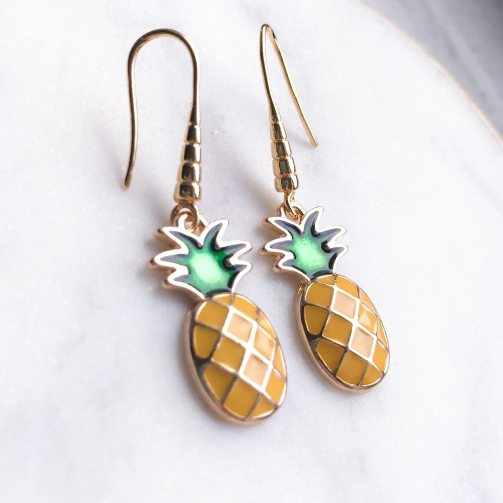Pineapple Enamel Earrings Dangle Drop Gold Green - Picture 3 of 7